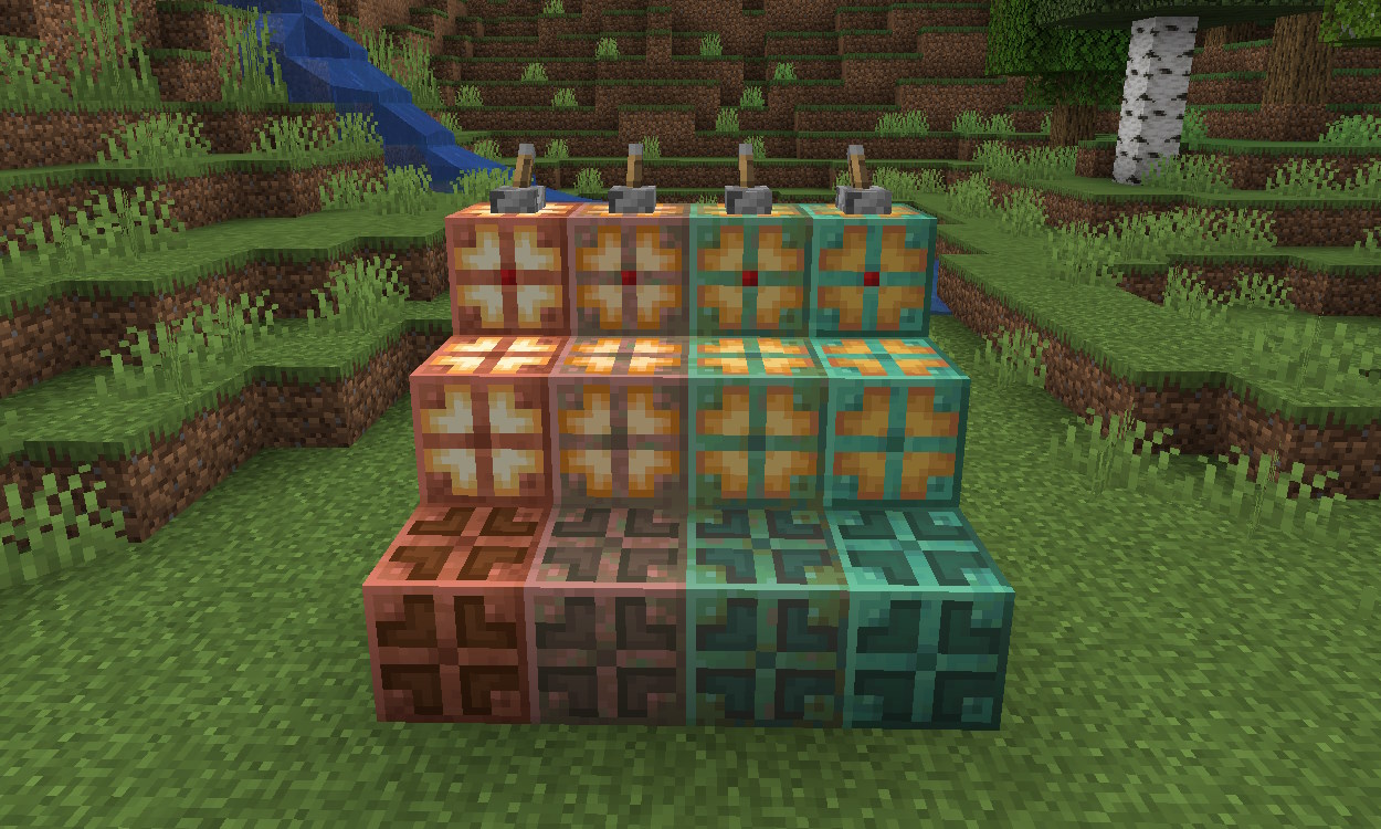 Lâmpadas de cobre em vários estágios e estados de oxidação no Minecraft 1.21